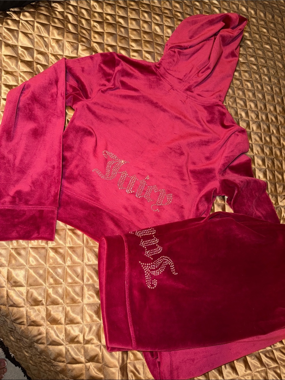 Juicy Couture Burgundy Velour Hoodie & Pants Set with Rhinestone Logo